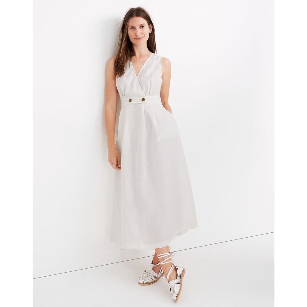 MADEWELL White Button Waist Cotton/Linen Blend Wrap Midi Dress US 6 NWT - Picture 2 of 14